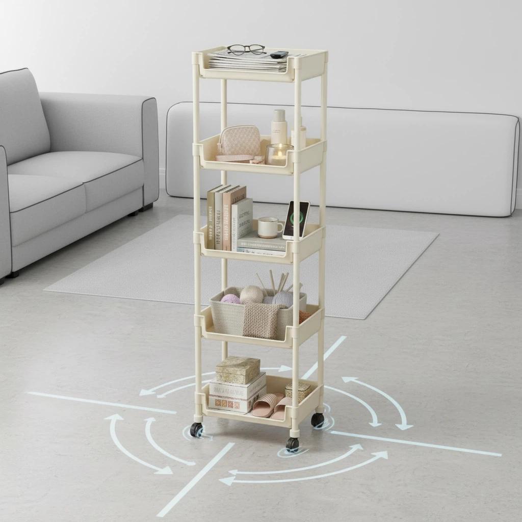Beige Multifunctional Large-Capacity Plastic Storage Cart with Wheels – Multi-Tier Shelving Unit