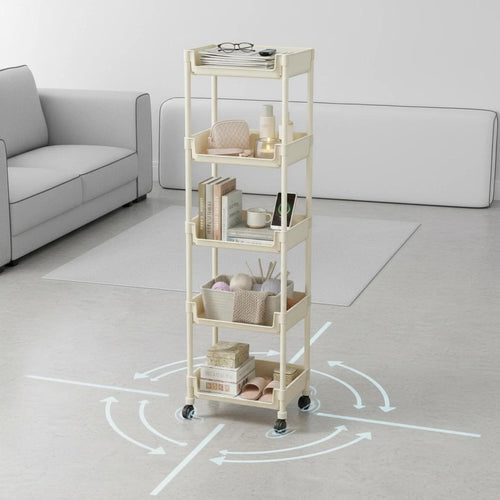 Beige Multifunctional Large-Capacity Plastic Storage Cart with Wheels – Multi-Tier Shelving Unit