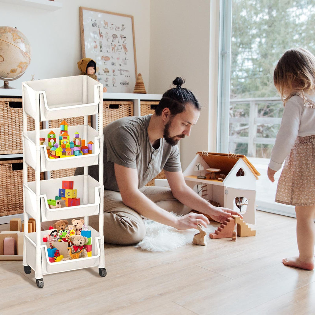 Beige Multifunctional Large-Capacity Plastic Storage Cart with Wheels – Multi-Tier Shelving Unit