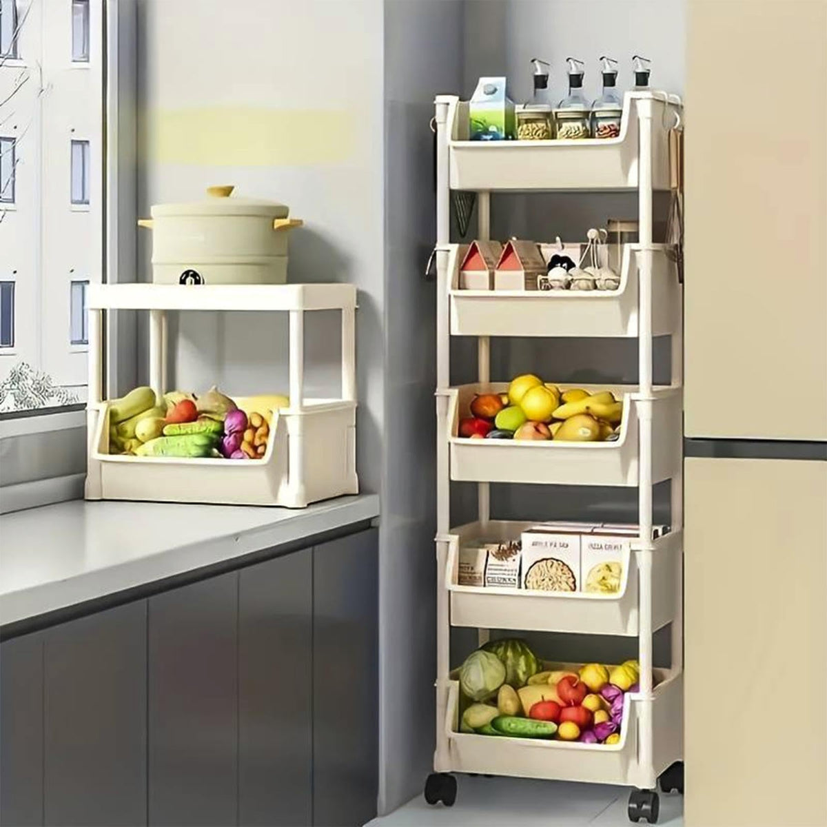 Beige Multifunctional Large-Capacity Plastic Storage Cart with Wheels – Multi-Tier Shelving Unit