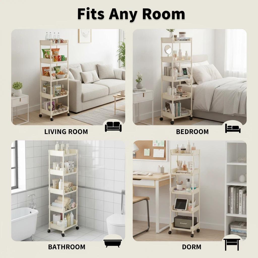 Beige Multifunctional Large-Capacity Plastic Storage Cart with Wheels – Multi-Tier Shelving Unit